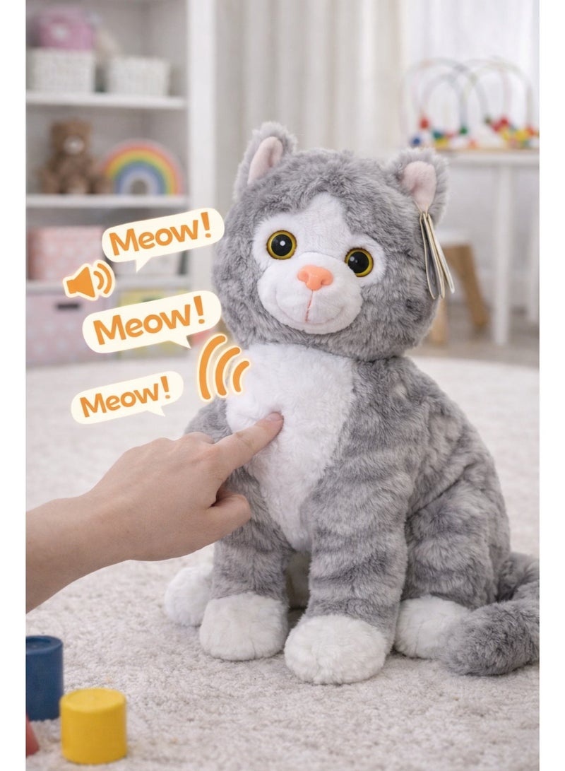 لعبة قطة محشوة تفاعلية مع صوت، دمية قطيفة ناعمة تصدر صوت مواء عند الضغط عليها، بطول 30 سم، قطة قطيفة قابلة للاحتضان باللونين الرمادي والأبيض، لعبة ناطقة مع مؤثرات صوتية، هدية قطيفة لطيفة وقابلة للعناق للأولاد والبنات، للأطفال الصغار والأطفال. - Image 1